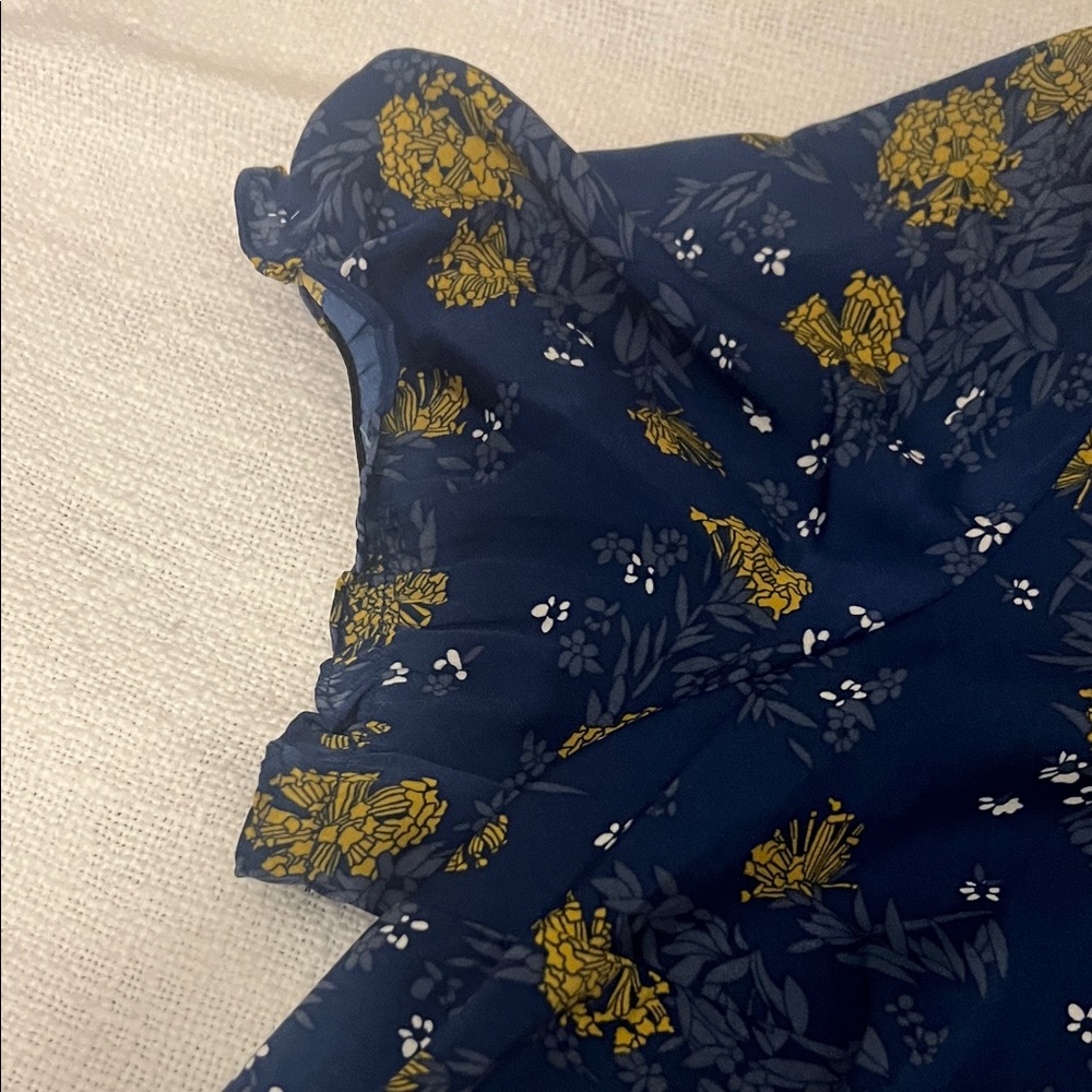 Modcloth Navy Blue Short Sleeve Floral Blouse with Mustard Accents - Picture 3 of 7